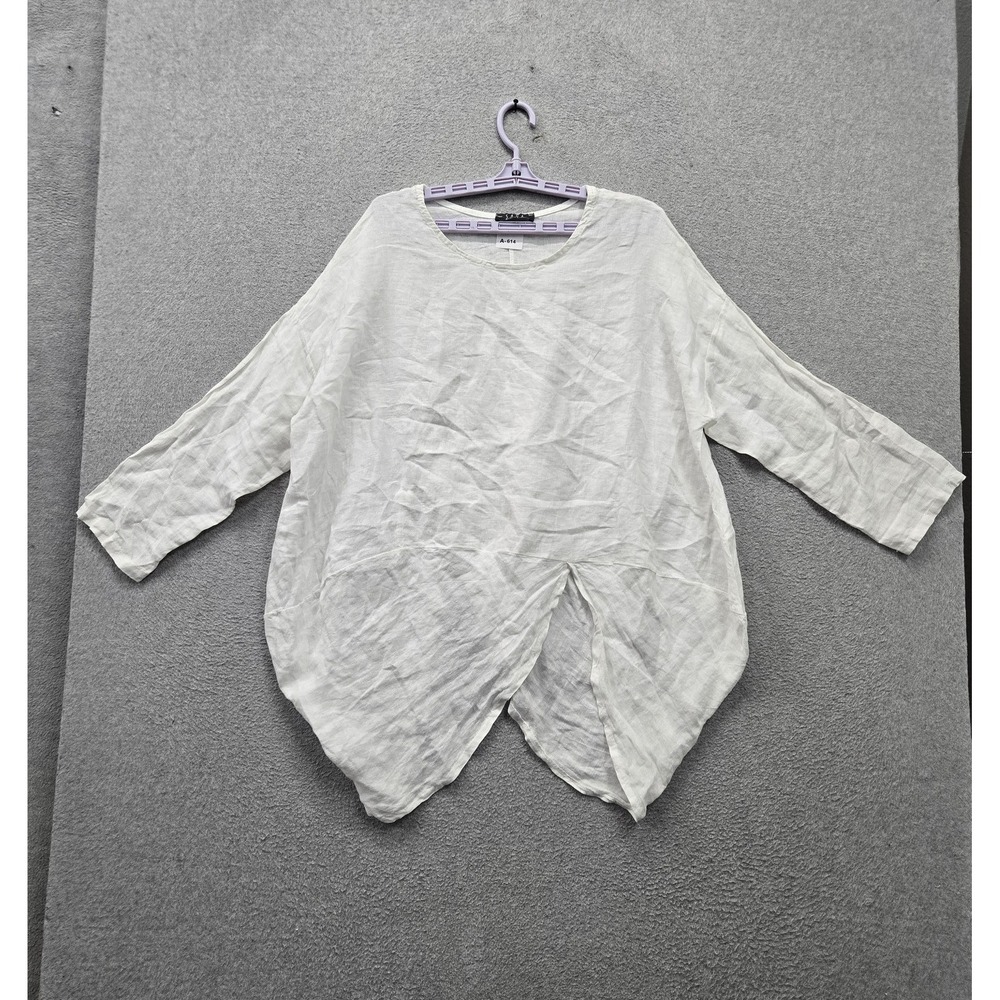SAGA Women Blouse OS White 100% Linen Made in Italy Lagenlook Tunic Asymmetrical